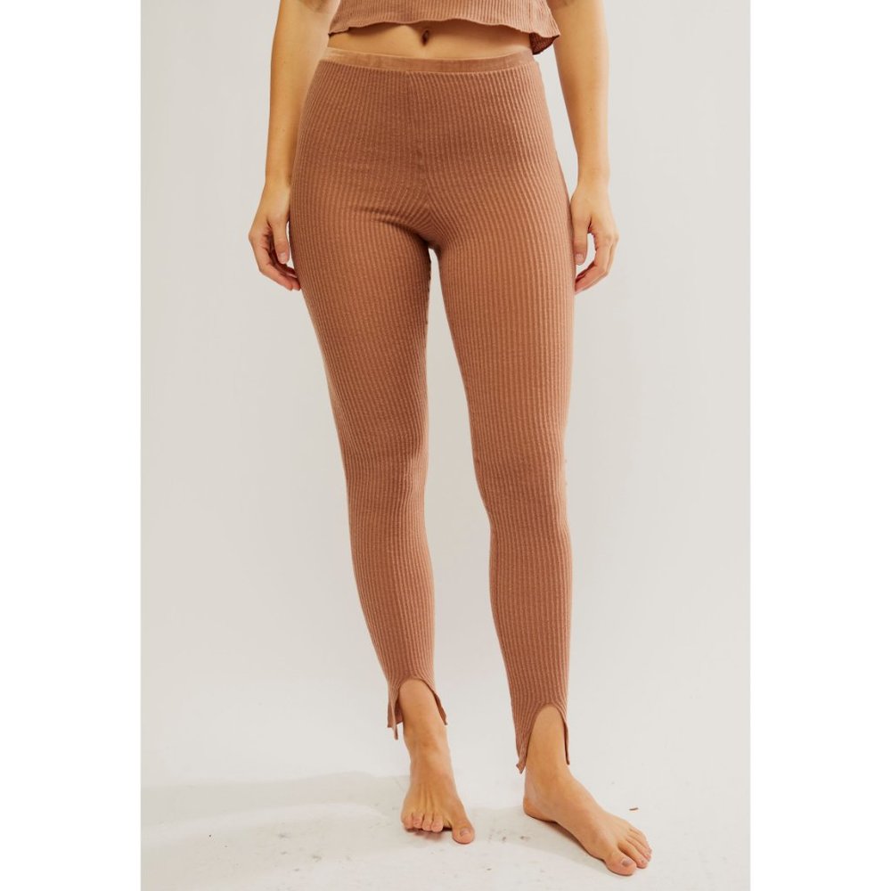 Free People Ribbed High-Waist Leggings in Brown